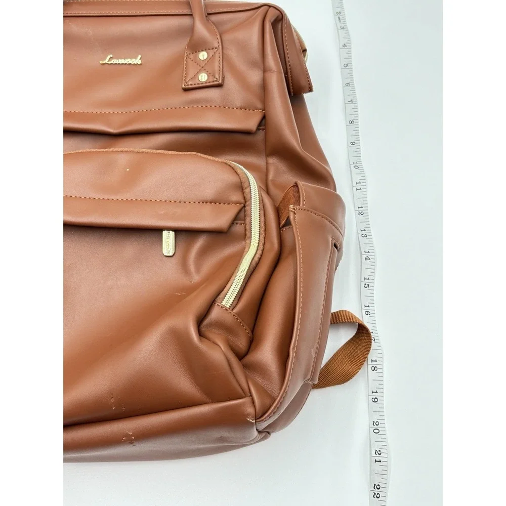 LOVEVOOK Brown Faux Leather Laptop Backpack USB Work Travel‎ Bag Multi Pocket